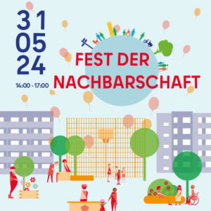 Poster eines Festes mit Menschen, die auf einem Platz laufen