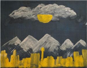 Eine Sonne und Wolken über schneebedeckten Berge 