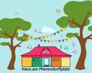 Zwischen zwei Bäumen sind Wimpelketten über einem Häuschen gespannt